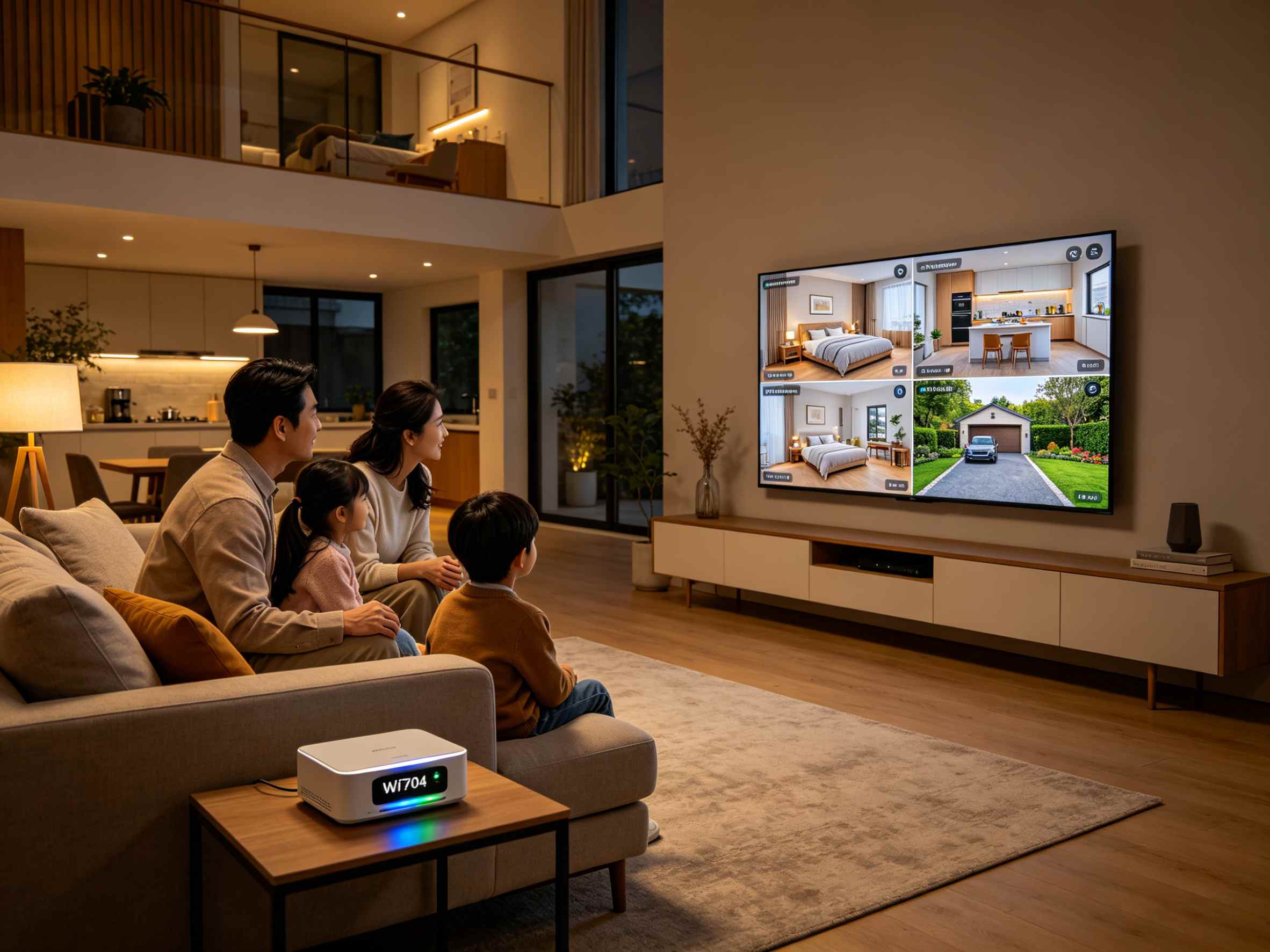 Homeowner monitoring multiple zones via WI704 split-screen monitor