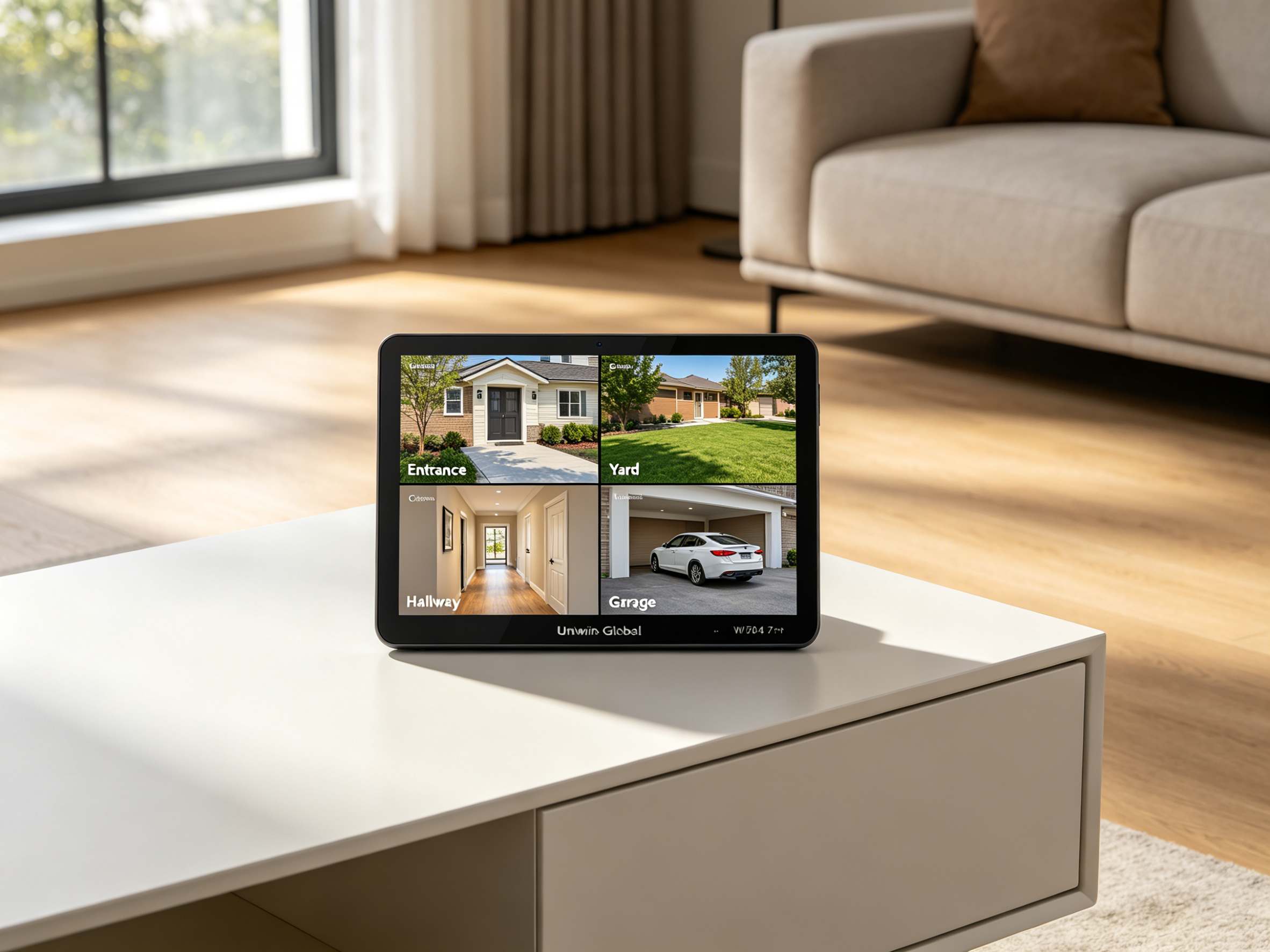 Uniwin-Global WI704 7-inch indoor monitor showing quad split-screen
