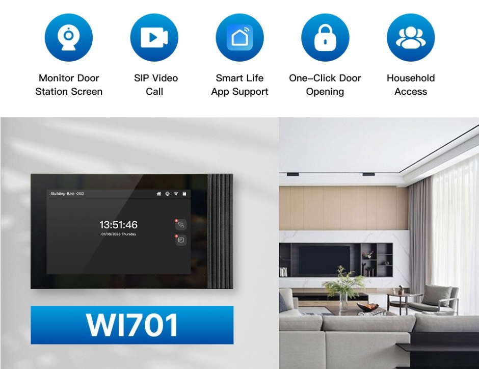 Supports two-way video calls with door stations or video doorbells, and remote door opening
