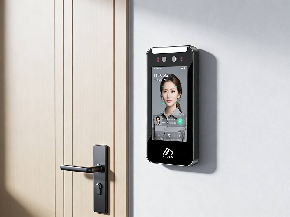 Uniwin-Global WO501 5-inch binocular face recognition attendance terminal installed at a building entrance