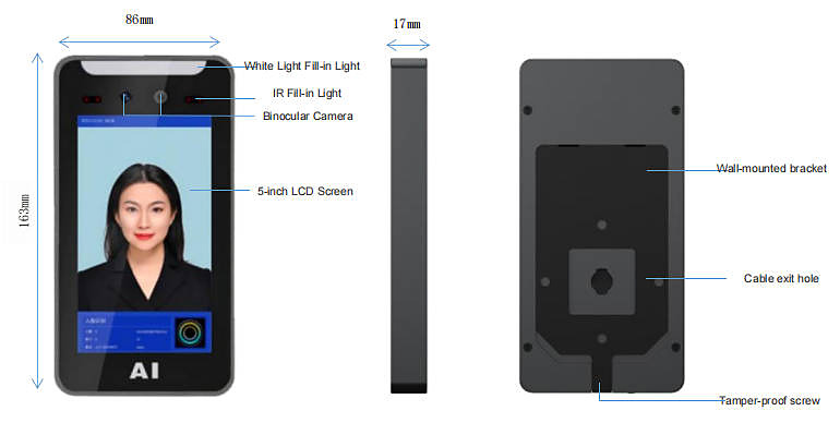 WO501 face recognition terminal front view showing binocular camera, 5-inch screen and wall-mount bracket