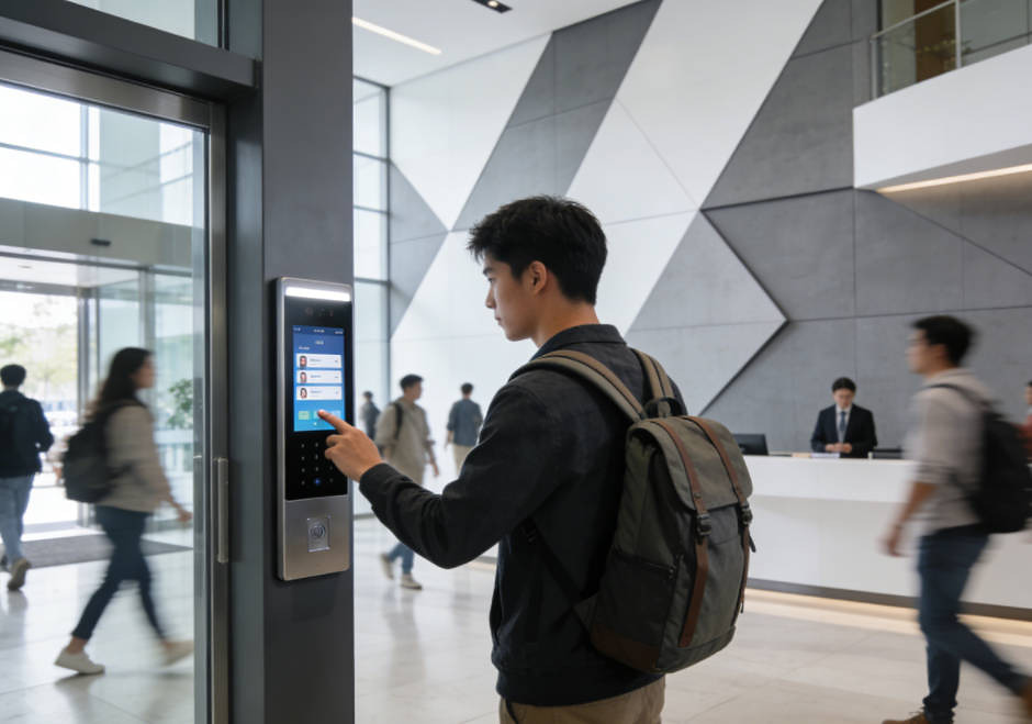Face recognition access control terminal in use at an office lobby entrance
