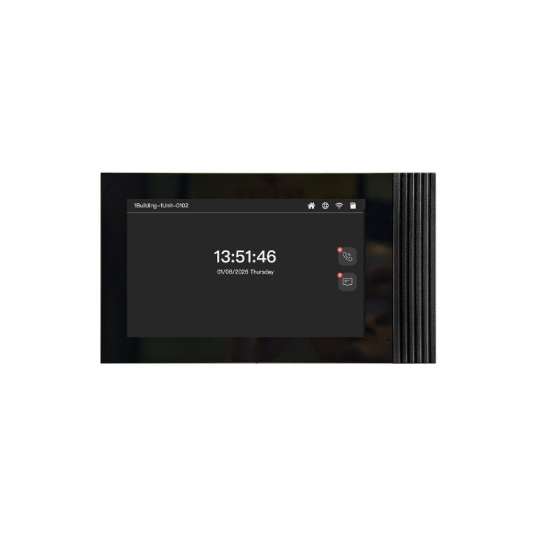 Villa intercom indoor monitor with dark touchscreen interface and call status panel